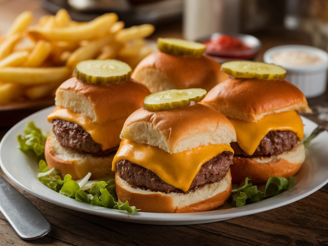 Juicy Cheeseburger Sliders Recipe Juicy cheeseburger sliders with cheese, lettuce, and pickles on a plate with fries.